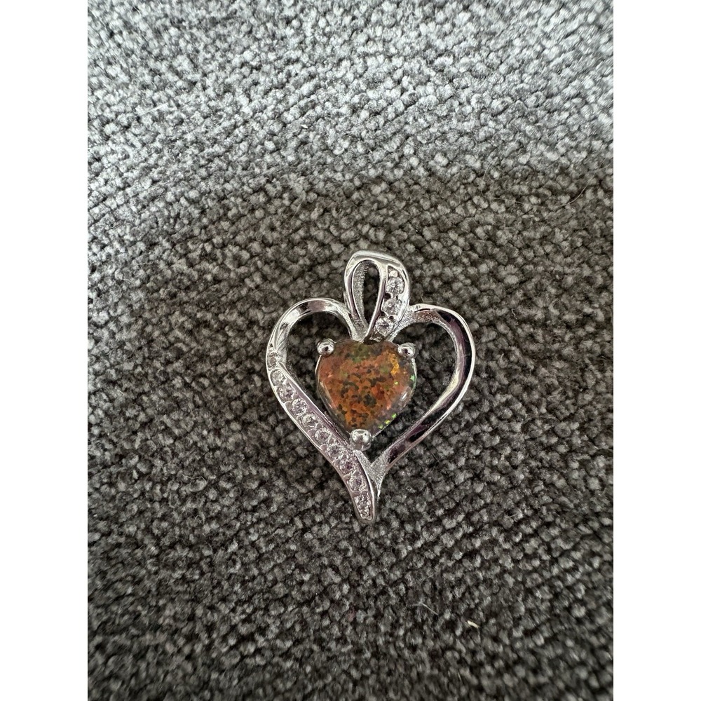 Fire Opal Opal‎ Heart 925 Sterling Silver Pendant